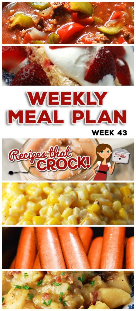 This week's weekly menu featuresย Slow Cooker Ranch Pork Chops,ย Creamy Crock Pot Corn,ย Crock Pot Chicken Fajitas, Slow Cooker Stuffed Pepper Soup,ย Crock Pot Pork Chop Delight, Crock Pot Hot Dogs, Crock Pot German Potato Salad, Crock Pot Strawberry Breakfast Cake, Crock Pot Homemade Apple Pie Filling and Crock Pot Peach Apple Sauce.