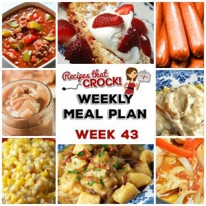 This week's weekly menu features Slow Cooker Ranch Pork Chops, Creamy Crock Pot Corn, Crock Pot Chicken Fajitas, Slow Cooker Stuffed Pepper Soup, Crock Pot Pork Chop Delight, Crock Pot Hot Dogs, Crock Pot German Potato Salad, Crock Pot Strawberry Breakfast Cake, Crock Pot Homemade Apple Pie Filling and Crock Pot Peach Apple Sauce.