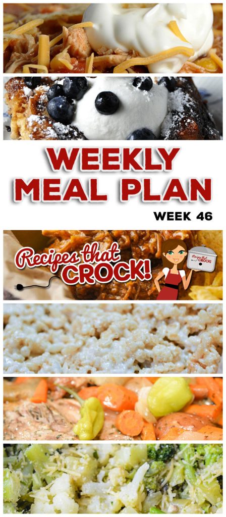 This week's weekly menu featuresย Crock Pot Chicken Divan, Crock Pot Parmesan Broccoli Cauliflower,ย Slow Cooker Mississippi Pork Roast with Vegetables, Crock Pot Chicken Taco Soup,ย Sweet and Savory Beef, Crock Pot Garlic Parmesan Potatoes,ย Crock Pot Mu Shu Pork,ย Crock Pot Blueberry French Toast,ย Crock Pot Rice Krispy Treats and Crock Pot Roasted Cajun Pecans!