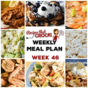 This week's weekly menu features Crock Pot Chicken Divan, Crock Pot Parmesan Broccoli Cauliflower, Slow Cooker Mississippi Pork Roast with Vegetables, Crock Pot Chicken Taco Soup, Sweet and Savory Beef, Crock Pot Garlic Parmesan Potatoes, Crock Pot Mu Shu Pork, Crock Pot Blueberry French Toast, Crock Pot Rice Krispy Treats and Crock Pot Roasted Cajun Pecans!