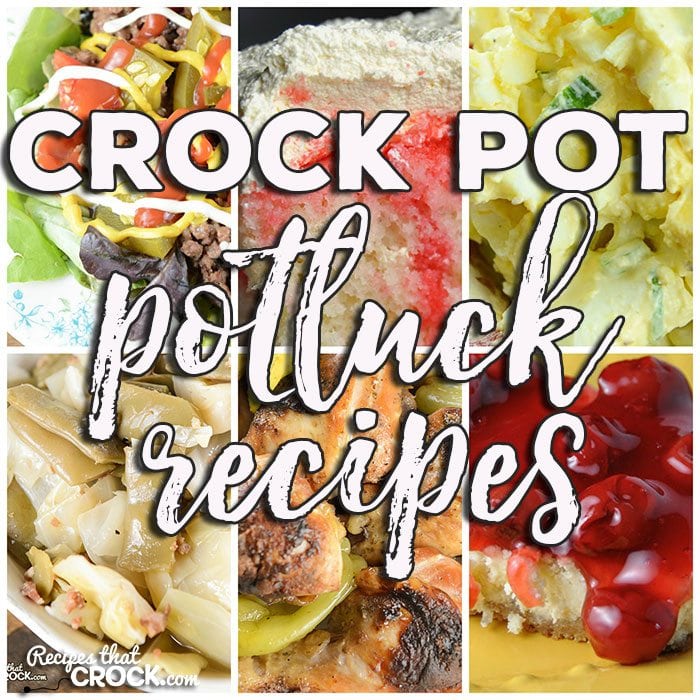 This week for our Friday Favorites we have some yummy Crock Pot Potluck Recipes like Crock Pot Bacon Green Bean Cabbage, Crock Pot Egg Salad, Crock Pot Chicken Legs {Mississippi Style}, Crock Pot Cheeseburger Salad, Crock Pot Cherry Cheesecake Bars and Crock Pot Cream Soda Poke Cake.