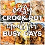 This week for our Friday Favorites we have some yummy Easy Crock Pot Meals for Busy Days like Crock Pot Crustless Pizza, Slow Cooker Mississippi Pork Roast with Vegetables, Crock Pot Nacho Chicken and Rice, Crock Pot Mexican Rice Veggie Bake, Easy Chicken Crock Pot Dinner for Two and Crock Pot Chuck Wagon Stew.