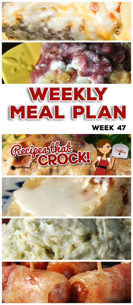 This week's weekly menu featuresย Crock Pot Meatloaf Parmesan, Crock Pot Green Bean Casserole, Crock Pot Garlic Bacon Chicken, Garlic Ranch Crock Pot Mashed Potatoes, Beefy Cheesy Taco Soup, Crock Pot Bacon Mushroom Pork Roast, Crock Pot Cheeseburgers, Roasted Garlic French Fries, Crock Pot Glazed Coffee Cake, Crock Pot Bacon Brown Sugar Sausages and Crock Pot Strawberry Cream Dump Cake!