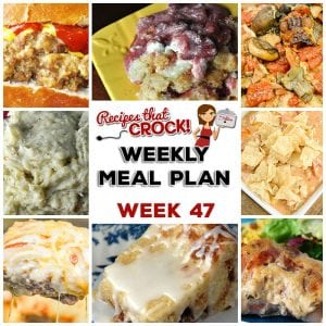 This week's weekly menu features Crock Pot Meatloaf Parmesan, Crock Pot Green Bean Casserole, Crock Pot Garlic Bacon Chicken, Garlic Ranch Crock Pot Mashed Potatoes, Beefy Cheesy Taco Soup, Crock Pot Bacon Mushroom Pork Roast, Crock Pot Cheeseburgers, Roasted Garlic French Fries, Crock Pot Glazed Coffee Cake, Crock Pot Bacon Brown Sugar Sausages and Crock Pot Strawberry Cream Dump Cake!