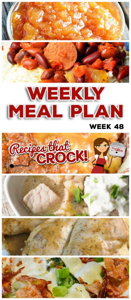This week's weekly menu featuresย Crock Pot Bacon Broccoli Chicken, Crock Pot Sloppy Joe Casserole, Crock Pot Chili Verde Soup, Crock Pot Cajun Chicken, Crock Pot Red Beans and Sausage, Crock Pot Pizza Casserole, Crock Pot Creamy Oatmeal, Crock Pot Peach Apple Sauce and Crock Pot Chocolate Pudding.