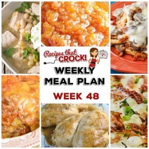 This week's weekly menu features Crock Pot Bacon Broccoli Chicken, Crock Pot Sloppy Joe Casserole, Crock Pot Chili Verde Soup, Crock Pot Cajun Chicken, Crock Pot Red Beans and Sausage, Crock Pot Pizza Casserole, Crock Pot Creamy Oatmeal, Crock Pot Peach Apple Sauce and Crock Pot Chocolate Pudding.