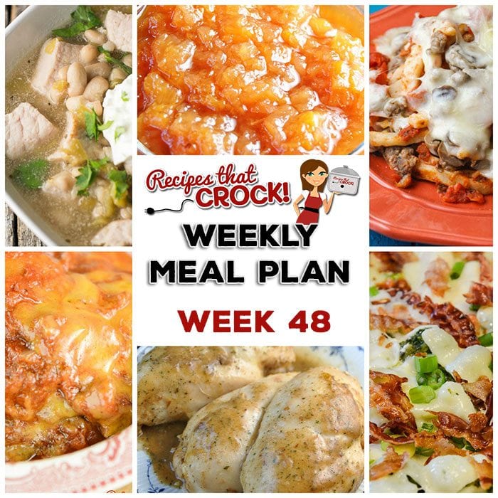 This week's weekly menu featuresย Crock Pot Bacon Broccoli Chicken, Crock Pot Sloppy Joe Casserole, Crock Pot Chili Verde Soup, Crock Pot Cajun Chicken, Crock Pot Red Beans and Sausage, Crock Pot Pizza Casserole, Crock Pot Creamy Oatmeal, Crock Pot Peach Apple Sauce and Crock Pot Chocolate Pudding.