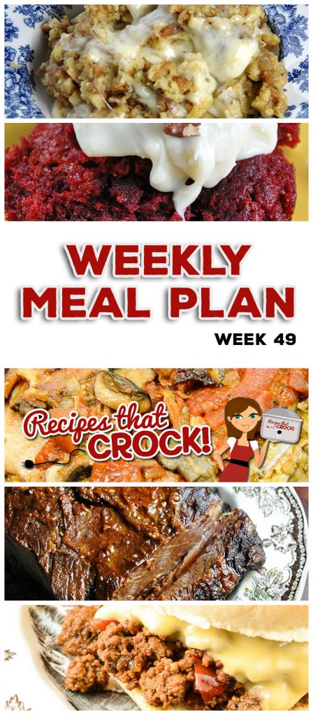 This week's weekly menu features Crock Pot Homemade Sloppy Joes, Crock Pot Bacon Mushroom Pork Roast, Crock Pot Bean Bacon Soup, Crock Pot Maple Beef Brisket, Crock Pot Mozzarella Stuffing, Crock Pot Chicken with Gravy, Crock Pot Oatmeal Raisin Cookie Overnight Oats, Crock Pot Red Velvet Spoon Brownies and Crock Pot Firecracker Party Mix.
