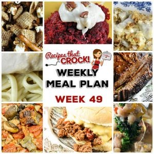 This week's weekly menu features Crock Pot Homemade Sloppy Joes, Crock Pot Bacon Mushroom Pork Roast, Crock Pot Bean Bacon Soup, Crock Pot Maple Beef Brisket, Crock Pot Mozzarella Stuffing, Crock Pot Chicken with Gravy, Crock Pot Oatmeal Raisin Cookie Overnight Oats, Crock Pot Red Velvet Spoon Brownies and Crock Pot Firecracker Party Mix.
