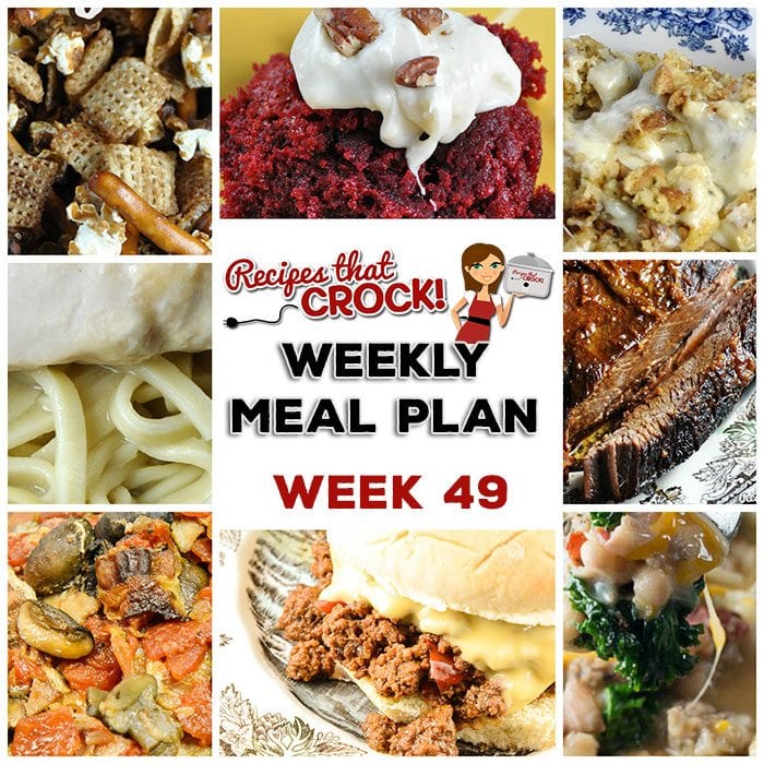 This week's weekly menu features Crock Pot Homemade Sloppy Joes, Crock Pot Bacon Mushroom Pork Roast, Crock Pot Bean Bacon Soup, Crock Pot Maple Beef Brisket, Crock Pot Mozzarella Stuffing, Crock Pot Chicken with Gravy, Crock Pot Oatmeal Raisin Cookie Overnight Oats, Crock Pot Red Velvet Spoon Brownies and Crock Pot Firecracker Party Mix.