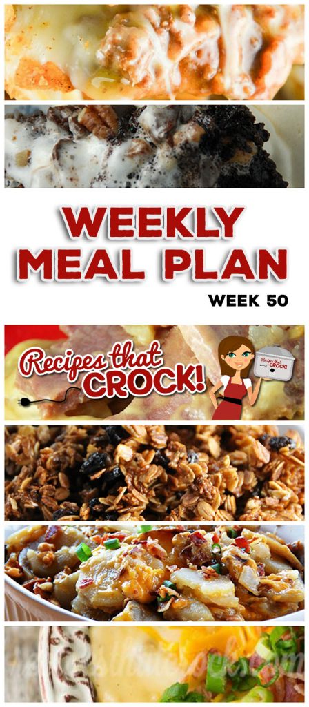 This week's weekly menu featuresย Slow Cooker Ranch Pork Chops, Bacon Cheddar Crock Pot Potatoes,ย Crock Pot Taco Bake, Crock Pot Potato Soup,ย Crock Pot Scalloped Potatoes and Ham,ย Crock Pot Bacon Cheeseburger Casserole,ย Crock Pot Cheese Souffle,ย Crock Pot Rocky Road Chocolate Cake and Easy Crock Pot Honey Granola.