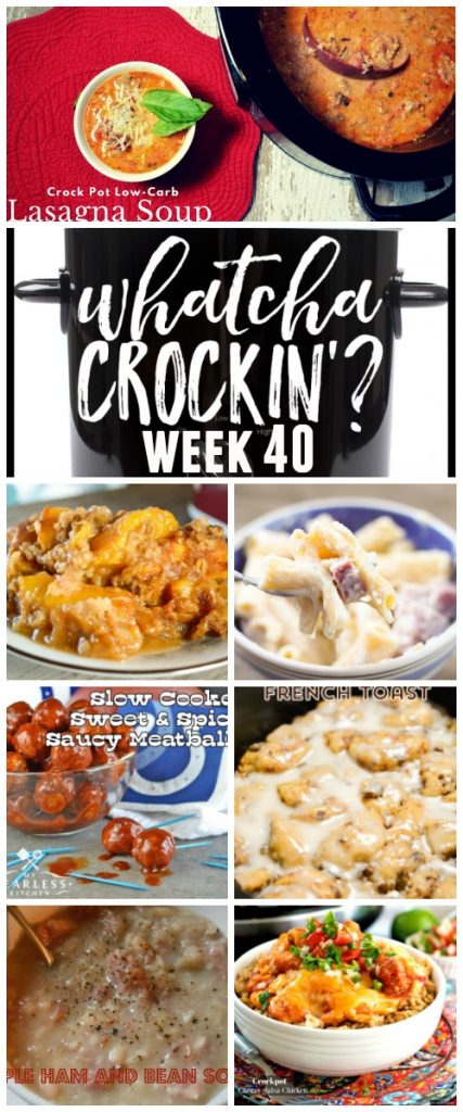Do you love crock pot recipes as much as I do? This week's Whatcha Crockinโ Wednesday includes: Crock Pot Ham and Cheese Pasta Bake, Crock Pot Cinnamon Roll French Toast, Crock Pot Low Carb Lasagna Soup, Crock Pot Peach Cobbler, Crockpot Cheesy Salsa Chicken, Slow Cooker Sweet and Spicy Saucy Meatballs, Crockpot Simple Ham and Bean Soup.