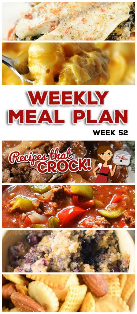 This week's weekly menu features Crock Pot Mississippi Beef Roast,ย Crock Pot Salisbury Steak,ย Cheese Loverโs Crock Pot Shells,ย Slow Cooker Stuffed Pepper Soup,ย Slow Cooker Pork Roast French Dip,ย Crock Pot Cowboy BBQ Beans,ย Crock Pot Tomato Rice with Stuffed Tilapia,ย Crock Pot Apple Spice Dump Cake,ย Crock Pot Blueberry Breakfast Casserole andย Smoky Crock Pot Chex Mix.