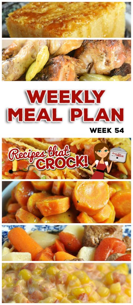 This week's weekly menu features Crock Pot Chicken Legs {Mississippi Style},ย Crock Pot Cheesy Fiesta Corn,ย Steak Tacos,ย Crock Pot Savory Beef Stew,ย Tangy Crock Pot Pork Chops,ย Crock Pot Sweet Tangy Carrots,ย Sweet Crock Pot Honey BBQ Hot Dogs,ย Crock Pot Pineapple Baked Beans,ย Crock Pot Party Sausages,ย Crock Pot Banana Bread andย Crock Pot Vanilla Sour Cream Cake!