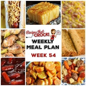 This week's weekly menu features Crock Pot Chicken Legs {Mississippi Style}, Crock Pot Cheesy Fiesta Corn, Steak Tacos, Crock Pot Savory Beef Stew, Tangy Crock Pot Pork Chops, Crock Pot Sweet Tangy Carrots, Sweet Crock Pot Honey BBQ Hot Dogs, Crock Pot Pineapple Baked Beans, Crock Pot Party Sausages, Crock Pot Banana Bread and Crock Pot Vanilla Sour Cream Cake!