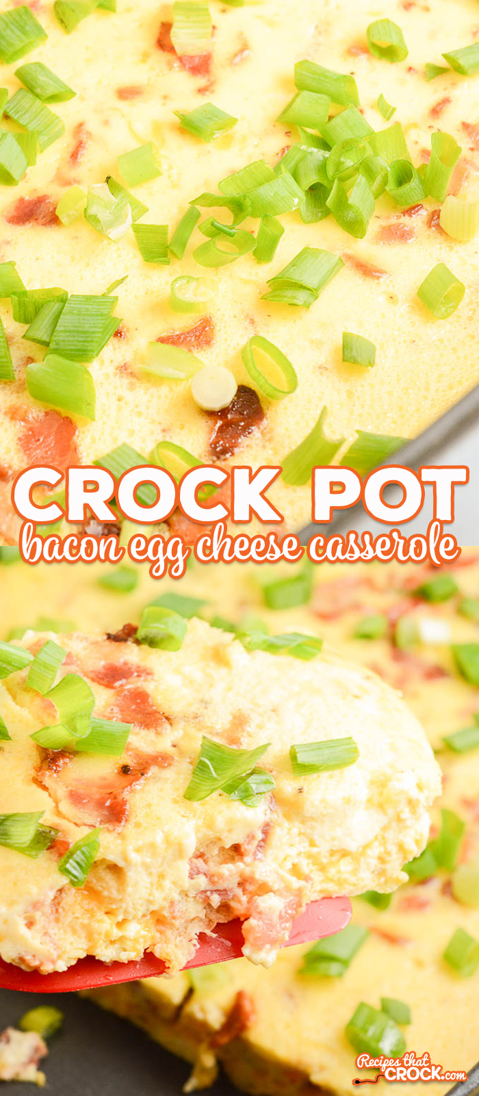 This Crock Pot Bacon Egg Cheese Casserole is a great breakfast that will feed the whole family. Filled with bacon, eggs, and cheese, this breakfast casserole will be sure to fill your family with smiles!