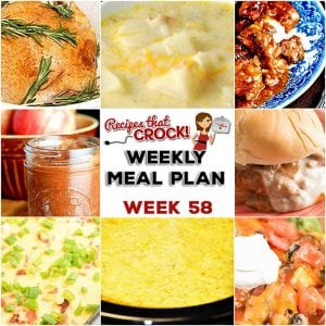 This week's weekly menu features Slow Cooker Rotisserie Chicken, Crock Pot Taco Ravioli Casserole, Crock Pot Potato Bacon Soup, Slow Cooker Beef Tips and Gravy, Crock Pot Corn Casserole, Crock Pot Pizza Burgers, Slow Cooker Apple Butter, Crock Pot Bacon Egg Cheese Casserole and Crock Pot Peachy Dump Cake. 