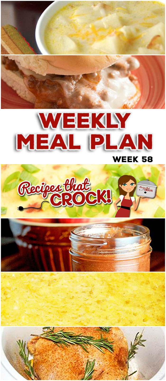 This week's weekly menu features Slow Cooker Rotisserie Chicken,ย Crock Pot Taco Ravioli Casserole,ย Crock Pot Potato Bacon Soup,ย Slow Cooker Beef Tips and Gravy,ย Crock Pot Corn Casserole,ย Crock Pot Pizza Burgers,ย Slow Cooker Apple Butter,ย Crock Pot Bacon Egg Cheese Casserole andย Crock Pot Peachy Dump Cake.