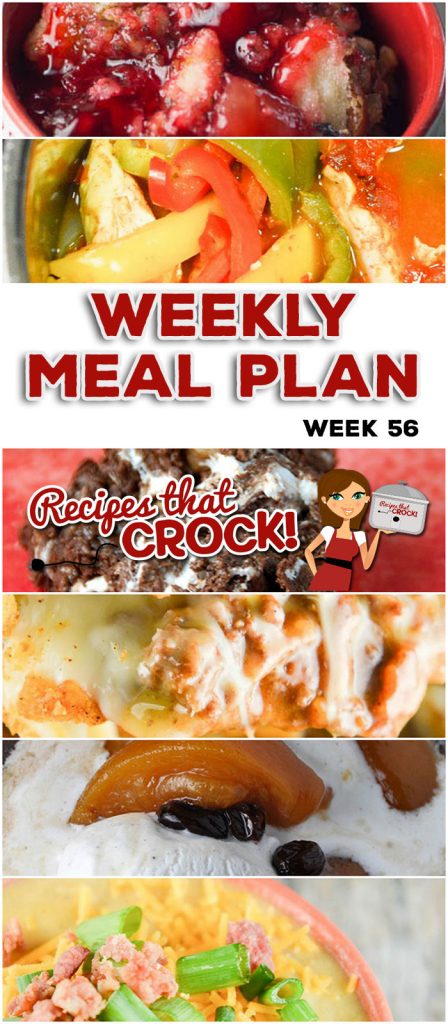 This week's weekly menu features Crock Pot Chuck Wagon Stew,ย Crock Pot Chicken Fajitas,ย Crock Pot Loaded Cheesy Cauliflower Soup,ย Oh-So-Flavorful Pork Roast,ย Extra Cheesy Crock Pot Mac and Cheese,ย Crock Pot Taco Bake,ย Rocky Road Candy,ย Crock Pot Spiced Peaches andย Crock Pot Cherry Pineapple Dump Cake.ย