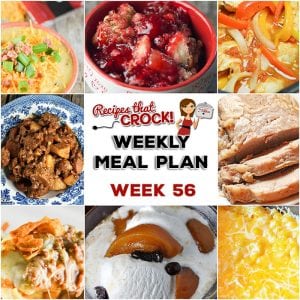 This week's weekly menu features Crock Pot Chuck Wagon Stew, Crock Pot Chicken Fajitas, Crock Pot Loaded Cheesy Cauliflower Soup, Oh-So-Flavorful Pork Roast, Extra Cheesy Crock Pot Mac and Cheese, Crock Pot Taco Bake, Rocky Road Candy, Crock Pot Spiced Peaches and Crock Pot Cherry Pineapple Dump Cake. 