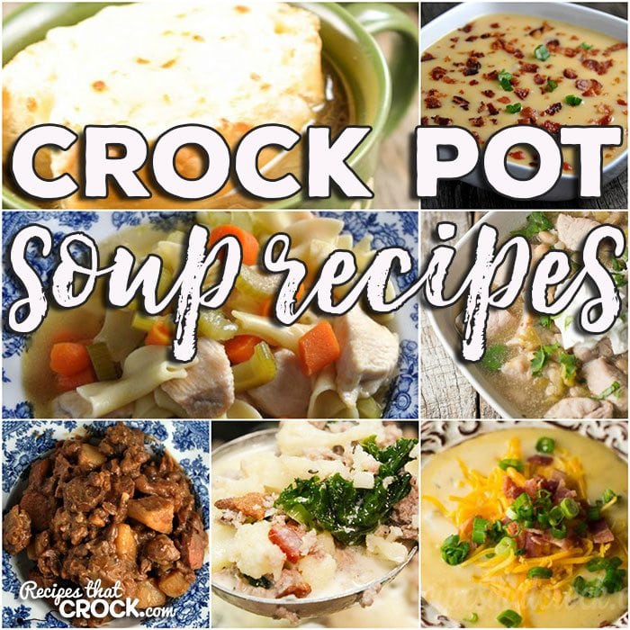This week for our Friday Favorites we have some awesome Crock Pot Soups Recipes for you including Crock Pot Chicken Noodle Soup, Crock Pot Chile Verde Soup, Low Carb Crock Pot Zuppa Toscana Soup, Crock Pot Unstuffed Cabbage Soup, Crock Pot Potato Soup, Crock Pot French Onion Soup, Crock Pot Chuck Wagon Stew and Crock Pot Easy Cheesy Potato Soup.