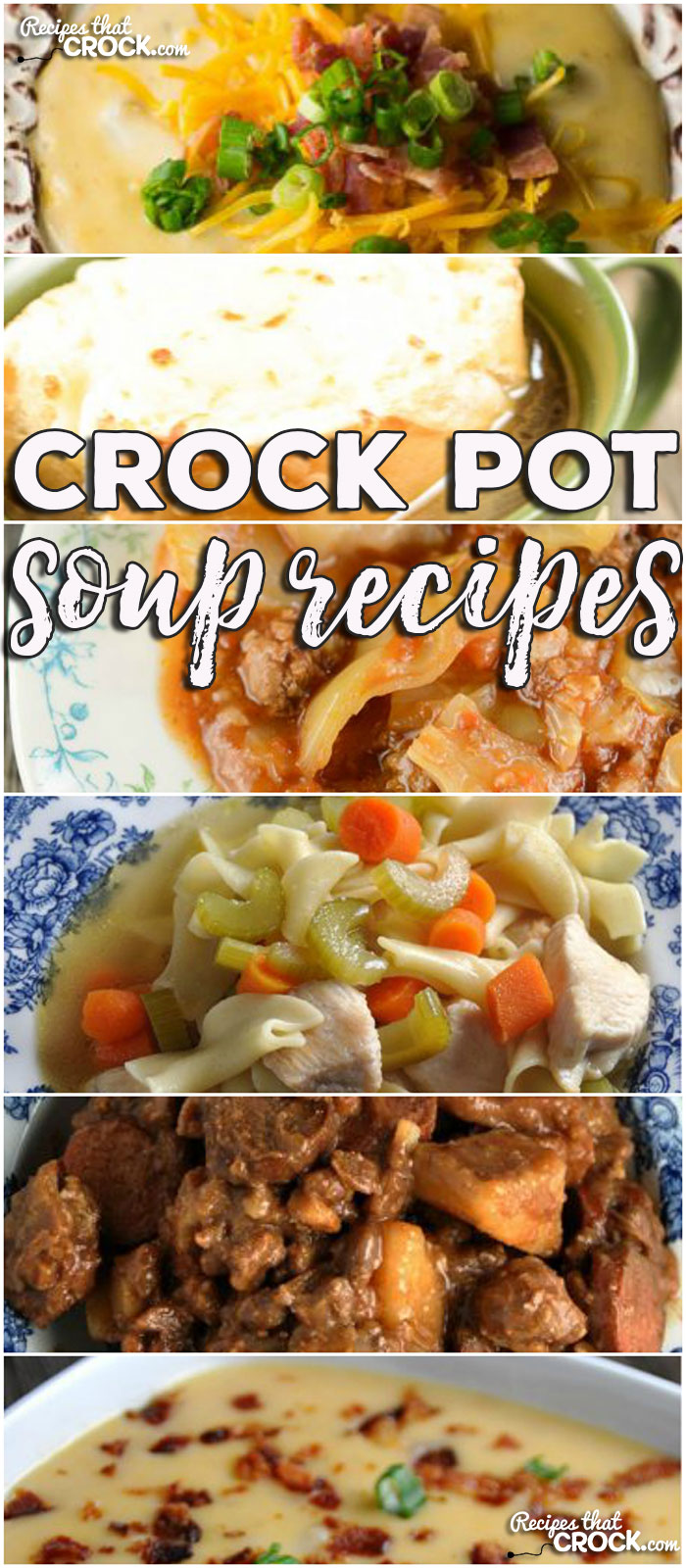 This week for our Friday Favorites we have some awesome Crock Pot Soups Recipes for you including Crock Pot Chicken Noodle Soup, Crock Pot Chile Verde Soup, Low Carb Crock Pot Zuppa Toscana Soup, Crock Pot Unstuffed Cabbage Soup, Crock Pot Potato Soup, Crock Pot French Onion Soup, Crock Pot Chuck Wagon Stew and Crock Pot Easy Cheesy Potato Soup.