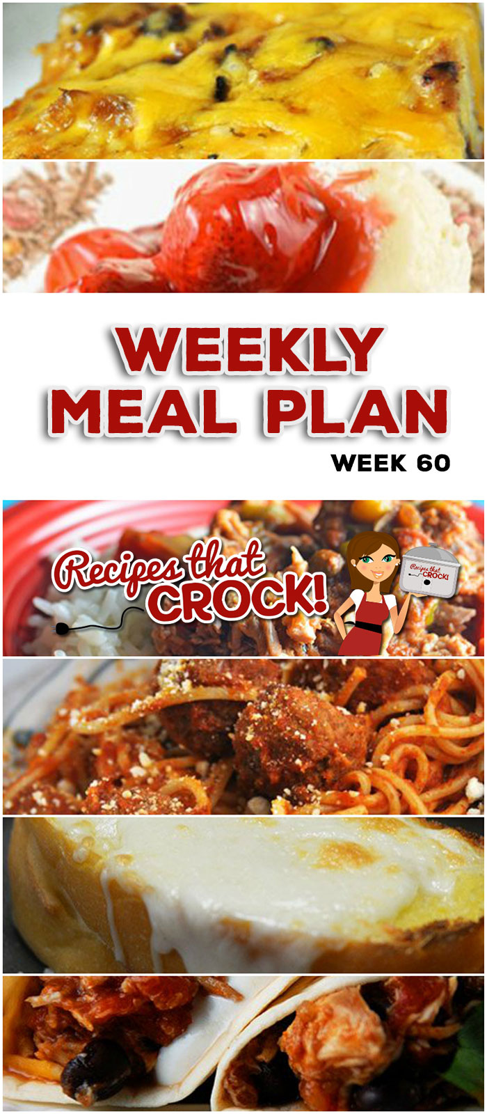 This week's weekly menu features Crock Pot Mississippi Beef, Easy Crock Pot Chicken Tacos,ย Crock Pot Steak Mushroom Soup,ย Zesty Shredded Crock Pot Pork,ย Crock Pot Spaghetti and Meatballs, Mom's Cheesy Garlic Bread,ย Crock Pot Sausage Cheese Dip,ย Homemade Crock Pot Cheesecake andย Crock Pot Cheesy Bacon Casserole.