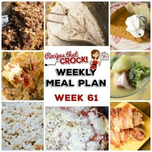 This week's weekly menu features Crock Pot Country Ribs, Crock Pot Creamy Chicken Fajita Bowls, Crock Pot Cheesy Vegetable Soup, Crock Pot Turkey Breast, Crock Pot Pull Apart Pizza Bread, Crock Pot Oatmeal Raisin Breakfast Cake, Crock Pot Rice Krispy Treats and Crock Pot Crustless Pumpkin Pie.