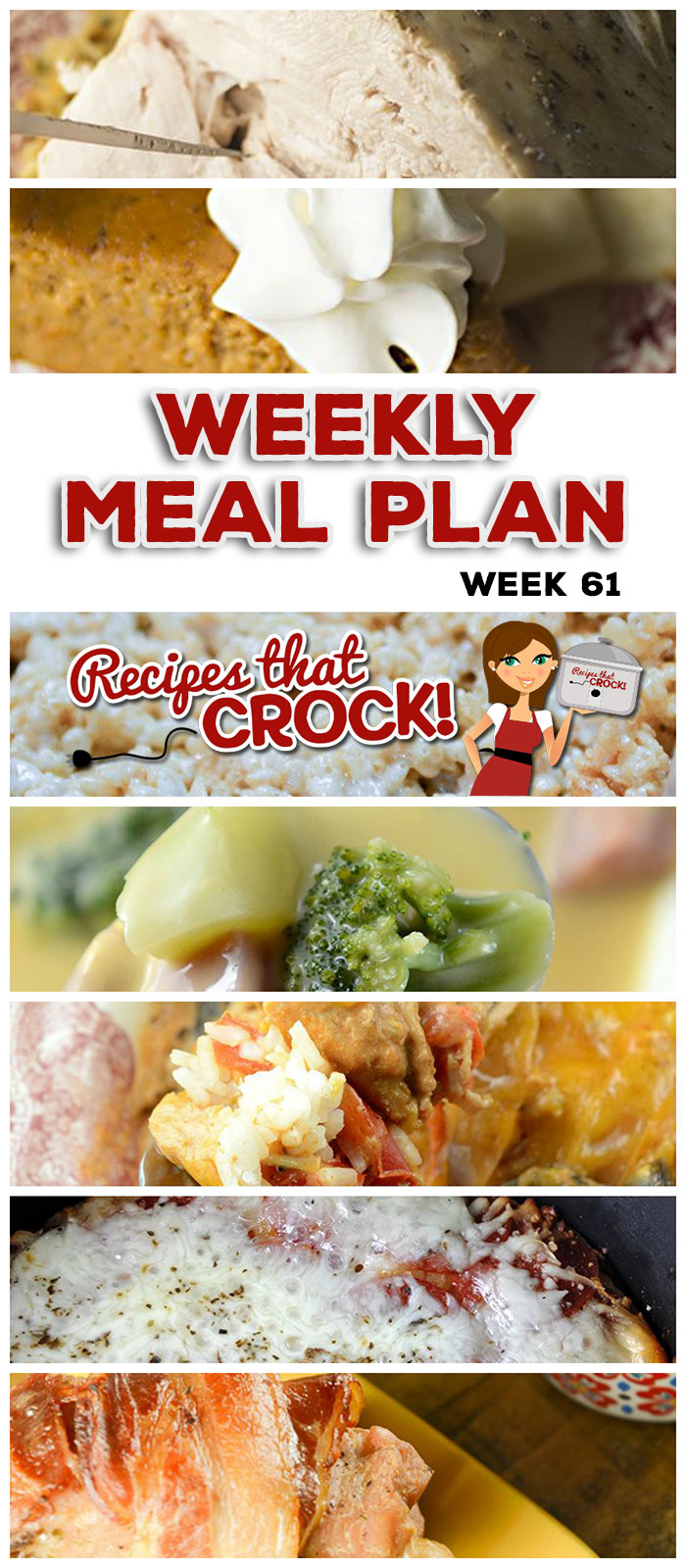 This week's weekly menu features Crock Pot Country Ribs,ย Crock Pot Creamy Chicken Fajita Bowls,ย Crock Pot Cheesy Vegetable Soup, Crock Pot Turkey Breast,ย Crock Pot Pull Apart Pizza Bread,ย Crock Pot Oatmeal Raisin Breakfast Cake,ย Crock Pot Rice Krispy Treats andย Crock Pot Crustless Pumpkin Pie.