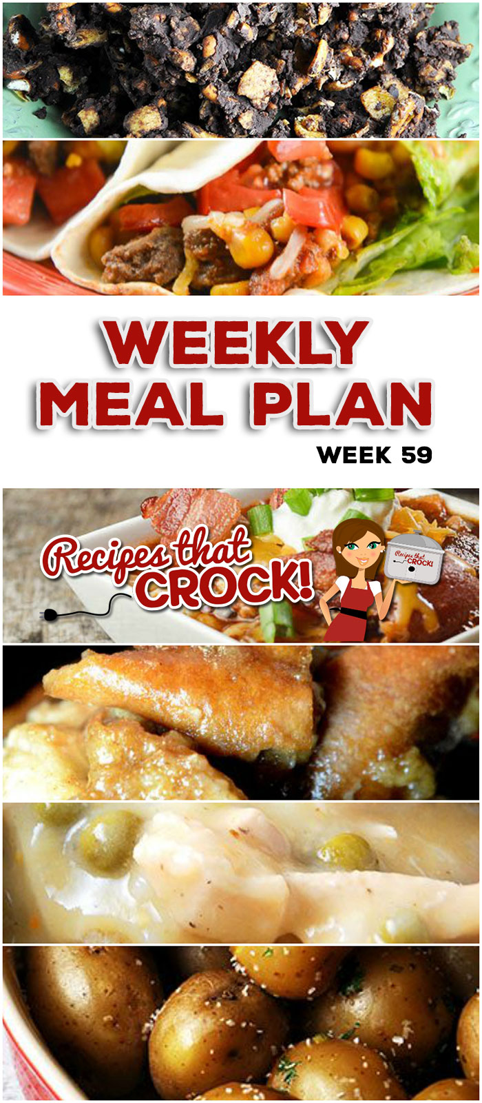 This week's weekly menu features Crock Pot Chicken Pot Pie,ย Crock Pot Beefy Tex Mex Tacos,ย Meat Loverโs Crock Pot Chili,ย Easiest Crock Pot Pulled Pork Ever,ย Crock Pot Parsley Potatoes,ย Crock Pot Pizza Tater Tot Casserole,ย Peaches and Cream Overnight Oatmeal,ย Crock Pot Salty Sweet Crunchy Goodness andย Crock Pot Pumpkin Pie French Toast Casserole.