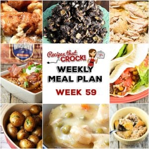This week's weekly menu features Crock Pot Chicken Pot Pie, Crock Pot Beefy Tex Mex Tacos, Meat Lover’s Crock Pot Chili, Easiest Crock Pot Pulled Pork Ever, Crock Pot Parsley Potatoes, Crock Pot Pizza Tater Tot Casserole, Peaches and Cream Overnight Oatmeal, Crock Pot Salty Sweet Crunchy Goodness and Crock Pot Pumpkin Pie French Toast Casserole.