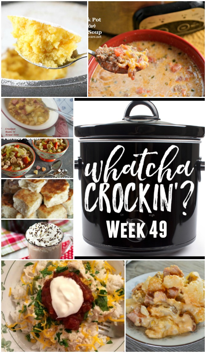 This weekโs Whatcha Crockinโ crock pot recipes include Slow Cooker Ranch Chicken Rice Bowls, Warm Winter Lemon Cake, Crock Pot Low Carb Taco Soup, Crock Pot Cheesy Smoked Sausage and Potato Bake, Crock Pot Homemade Yeast Rolls, Sweet and Creamy Crock Pot Hot Cocoa, Crockpot Beans 'n' Kraut Stew, Slow Cooker Turkey Soup and many more!