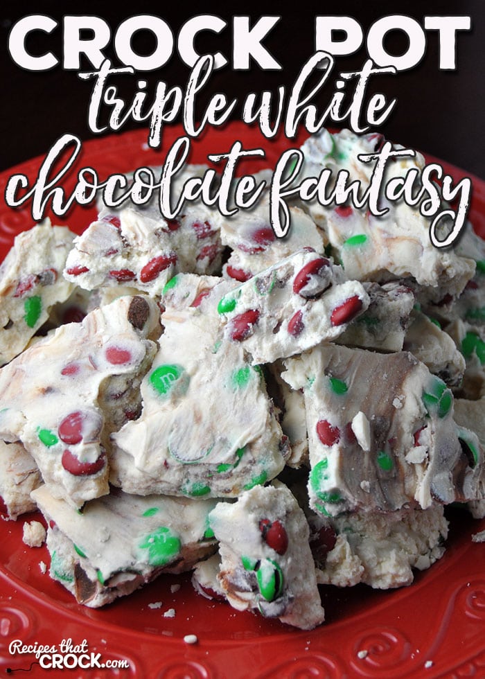 Are you looking for a delicious treat to take to your next party, pitch-in or just to treat yourself? Then you definitely don't want to miss this amazing Crock Pot Triple White Chocolate Fantasy! This 5 ingredient crock pot dessert is perfect for M&M  and white chocolate lovers!