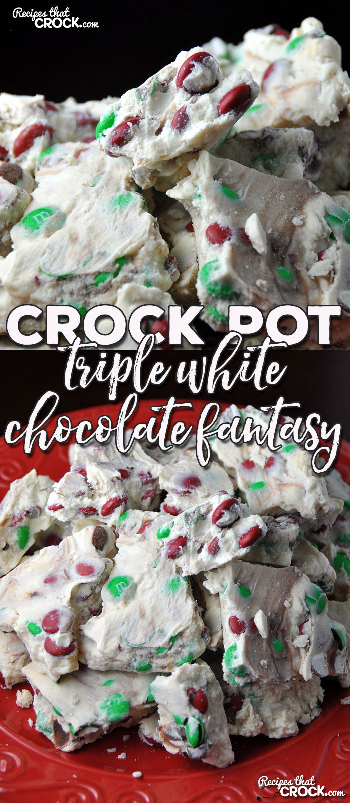 Are you looking for a delicious treat to take to your next party, pitch-in or just to treat yourself? Then you definitely don't want to miss this amazing Crock Pot Triple White Chocolate Fantasy! This 5 ingredient crock pot dessert is perfect for M&M  and white chocolate lovers!