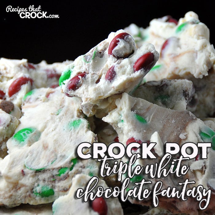 Are you looking for a delicious treat to take to your next party, pitch-in or just to treat yourself? Then you definitely don't want to miss this amazing Crock Pot Triple White Chocolate Fantasy! This 5 ingredient crock pot dessert is perfect for M&M  and white chocolate lovers!
