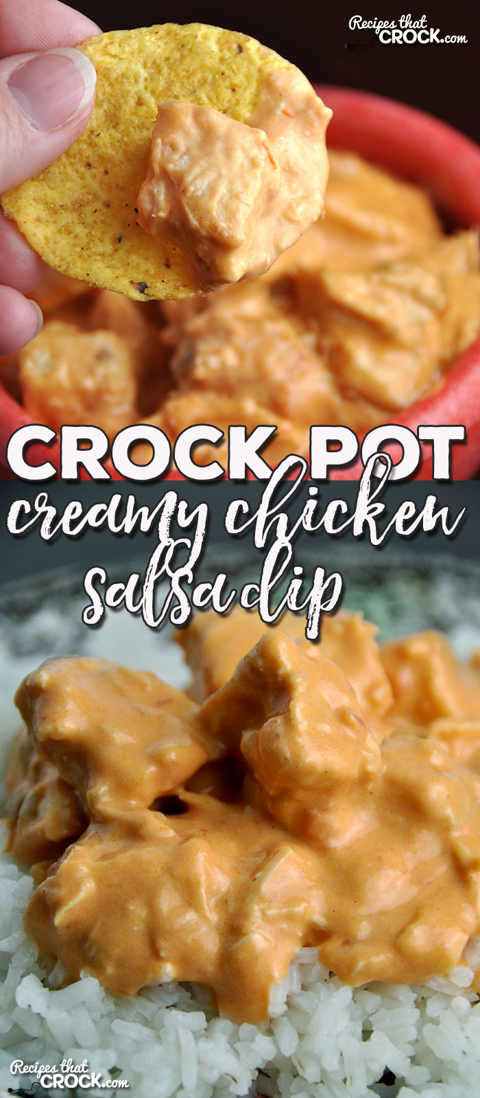 I have a treat for you! This Creamy Crock Pot Chicken Salsa Dip can be served as a dip or over rice for dinner! And better yet, it is super simple!