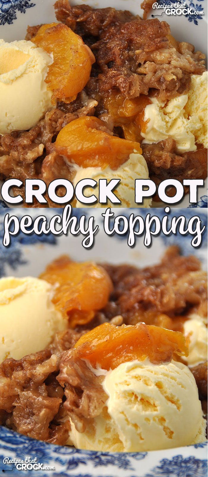 No matter the season, this Crock Pot Peachy Topping is going to satisfy your sweet tooth! You can make it with fresh, frozen or canned peaches!