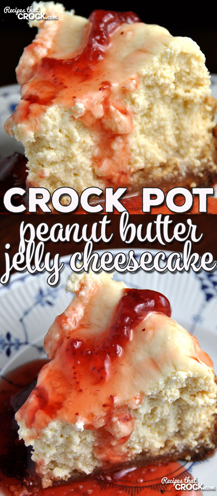 Do I have a treat for you! This Crock Pot Peanut Butter Jelly Cheesecake has a peanut butter cookie crust with a delicious jelly topping!