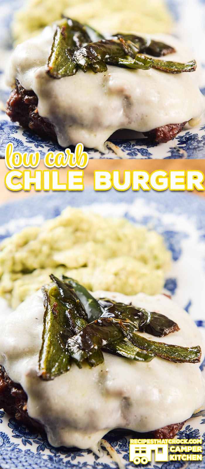 Are you looking for a low carb meal idea that your whole family will enjoy? Our Low Carb Chile Burger Recipe is a favorite in our Camper Kitchen! Serve it up with a side our guacamole for a delicious meal or with a bun for your carb loving friends! via @recipescrock