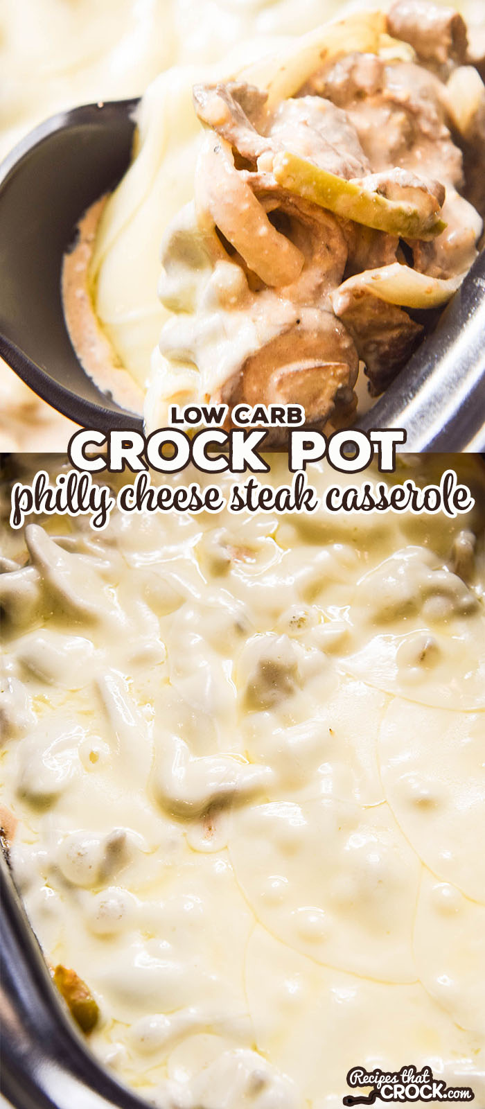 Are you looking for a delicious low carb recipe to satisfy your Philly Cheese Steak cravings? This Crock Pot Philly Cheese Steak Casserole is a creamy, cheesy family dinner casserole recipe inspired by the famous sandwich that is low on carbs and high on flavor!