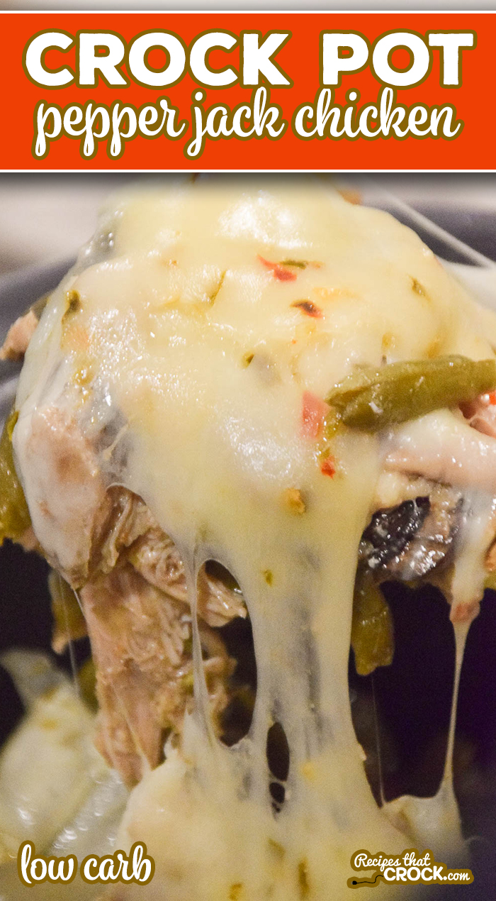 This Crock Pot Pepper Jack Chicken is one of my family's all time favorites! Tender boneless chicken, melted pepper jack cheese and savory peppers, mushrooms and green beans make this one pot meal unique and flavorful. It is not only delicious, but low carb too! via @recipescrock
