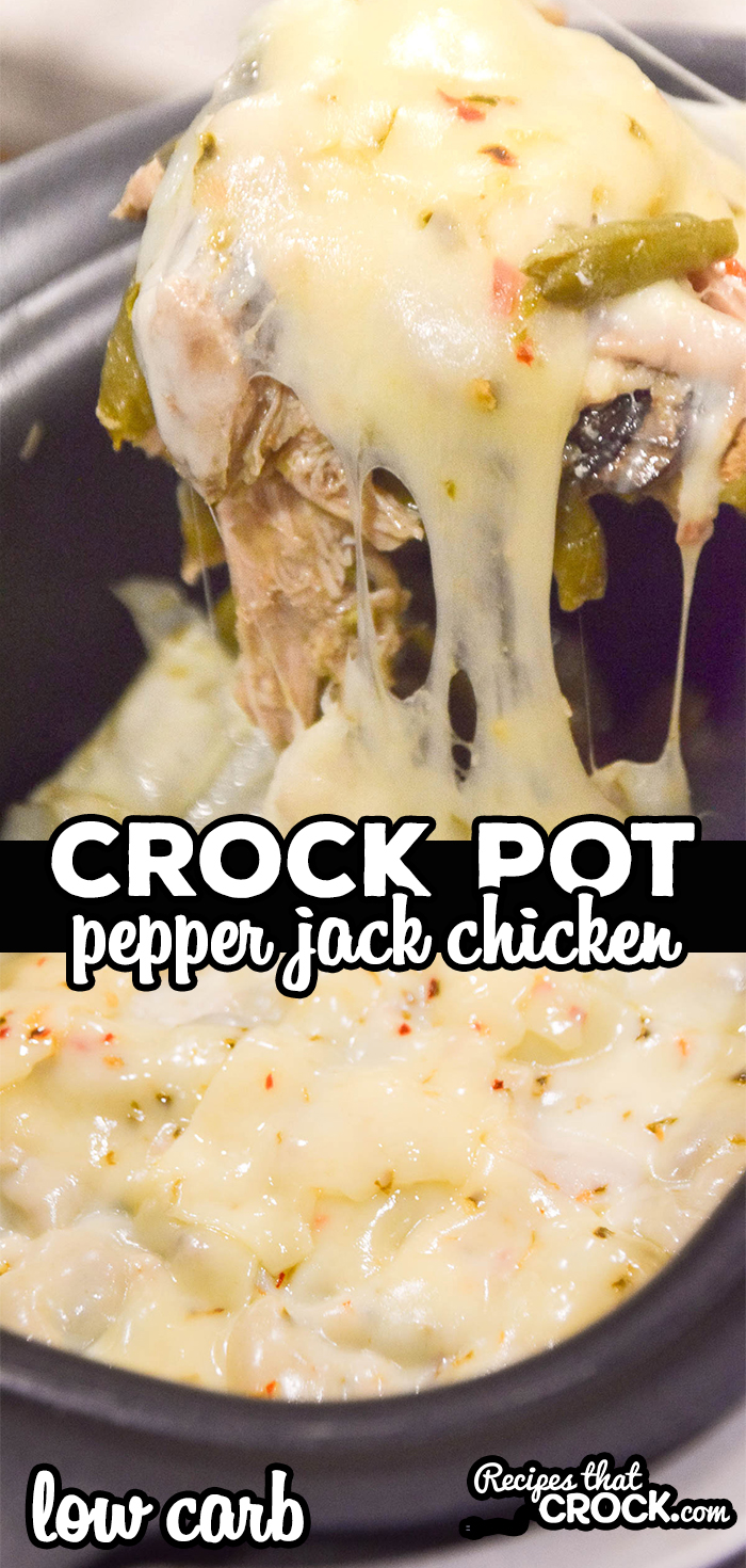 This Crock Pot Pepper Jack Chicken is one of my family's all time favorites! Tender boneless chicken, melted pepper jack cheese and savory peppers, mushrooms and green beans make this one pot meal unique and flavorful. It is not only delicious, but low carb too! via @recipescrock