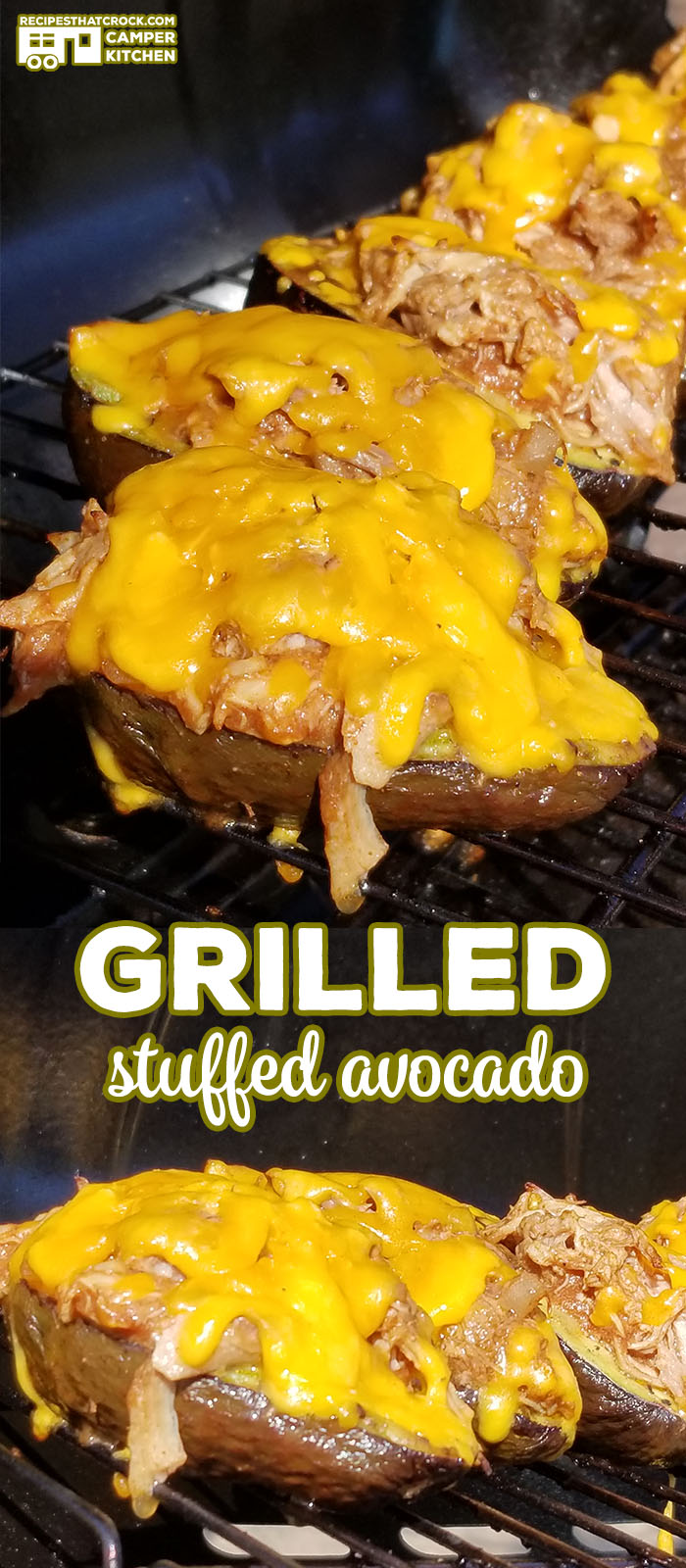 These Grilled Stuffed Avocados are a great treat to make with our Crock Pot Cola Pulled Porkย or Crock Pot BBQ Cola Ribs leftovers!ย