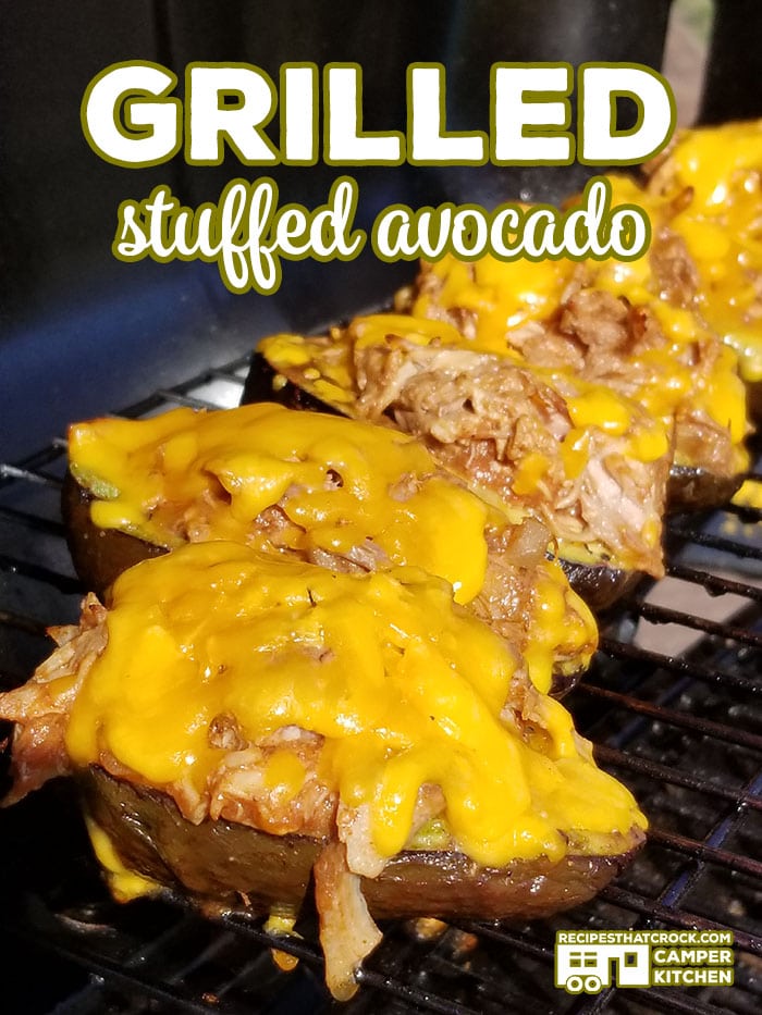 These Grilled Stuffed Avocados are a great treat to make with our Crock Pot Cola Pulled Pork or Crock Pot BBQ Cola Ribs leftovers!