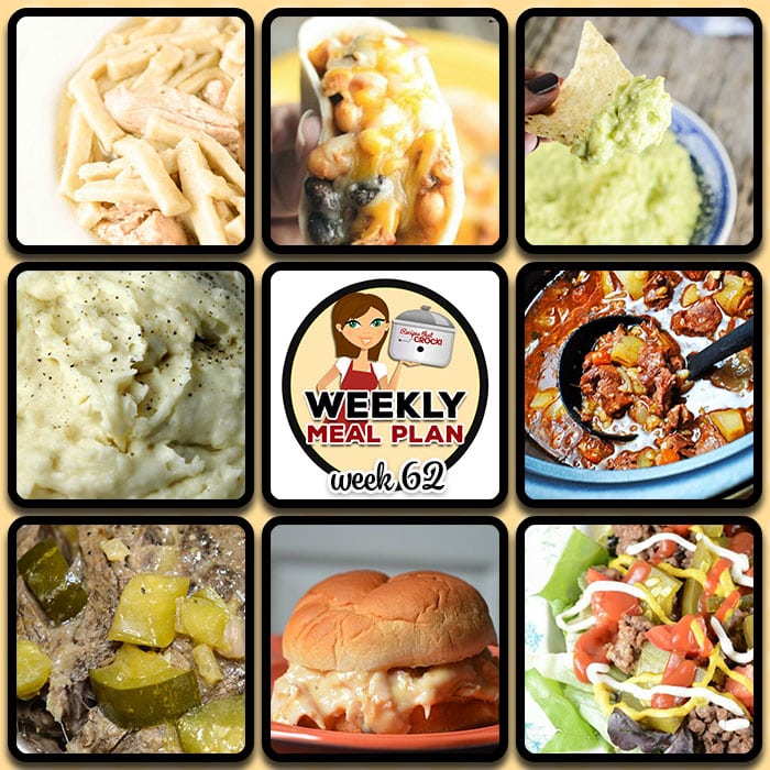 This week's weekly menu features Crock Pot Chicken Noodles, Instant Pot Chicken Noodles, Crock Pot No Boil Mashed Potatoes, Crock Pot Tex Mex Chicken Tacos, Guacamole, Crock Pot Best Ever Beef Stew, Crock Pot Cheeseburger Salad, Crock Pot Hot Turkey Sandwiches, Crock Pot Cowboy Beans, Crock Pot Dilly Roast, Instant Pot Dilly Roast, Crock Pot Creamy Corn, Slow Cooker French Toast Casserole, Princess Crock Pot Candy and Crock Pot Seasoned Crackers