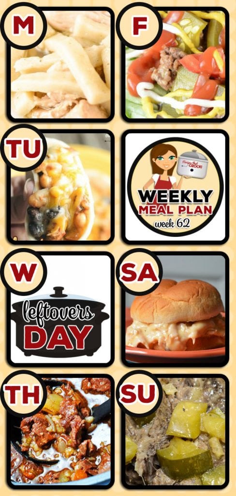 This week's weekly menu features Crock Pot Chicken Noodles, Instant Pot Chicken Noodles, Crock Pot No Boil Mashed Potatoes, Crock Pot Tex Mex Chicken Tacos, Guacamole, Crock Pot Best Ever Beef Stew, Crock Pot Cheeseburger Salad, Crock Pot Hot Turkey Sandwiches, Crock Pot Cowboy Beans, Crock Pot Dilly Roast, Instant Pot Dilly Roast, Crock Pot Creamy Corn, Slow Cooker French Toast Casserole, Princess Crock Pot Candy and Crock Pot Seasoned Crackers