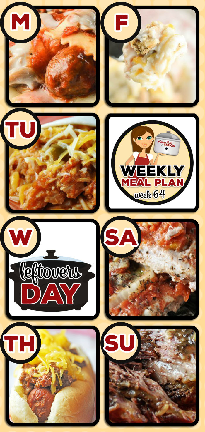This week's weekly menu features Crock Pot Ravioli Meatball Casserole,ย Crock Pot Fiesta Shredded Pork Wraps,ย Crock Pot Chicken Pot Pie Soup,ย Crock Pot Coney Dogs, Crock Pot Farmer's Pie, Easy Crock Pot Italian Pork Chops, Savory Crock Pot Roastย andย Garlic Ranch Crock Pot Mashed Potatoes, Crock Pot Apple Cinnamon Bread,ย Crock Pot Cherry Delight and Crock Pot Blueberry Coffee Cake.