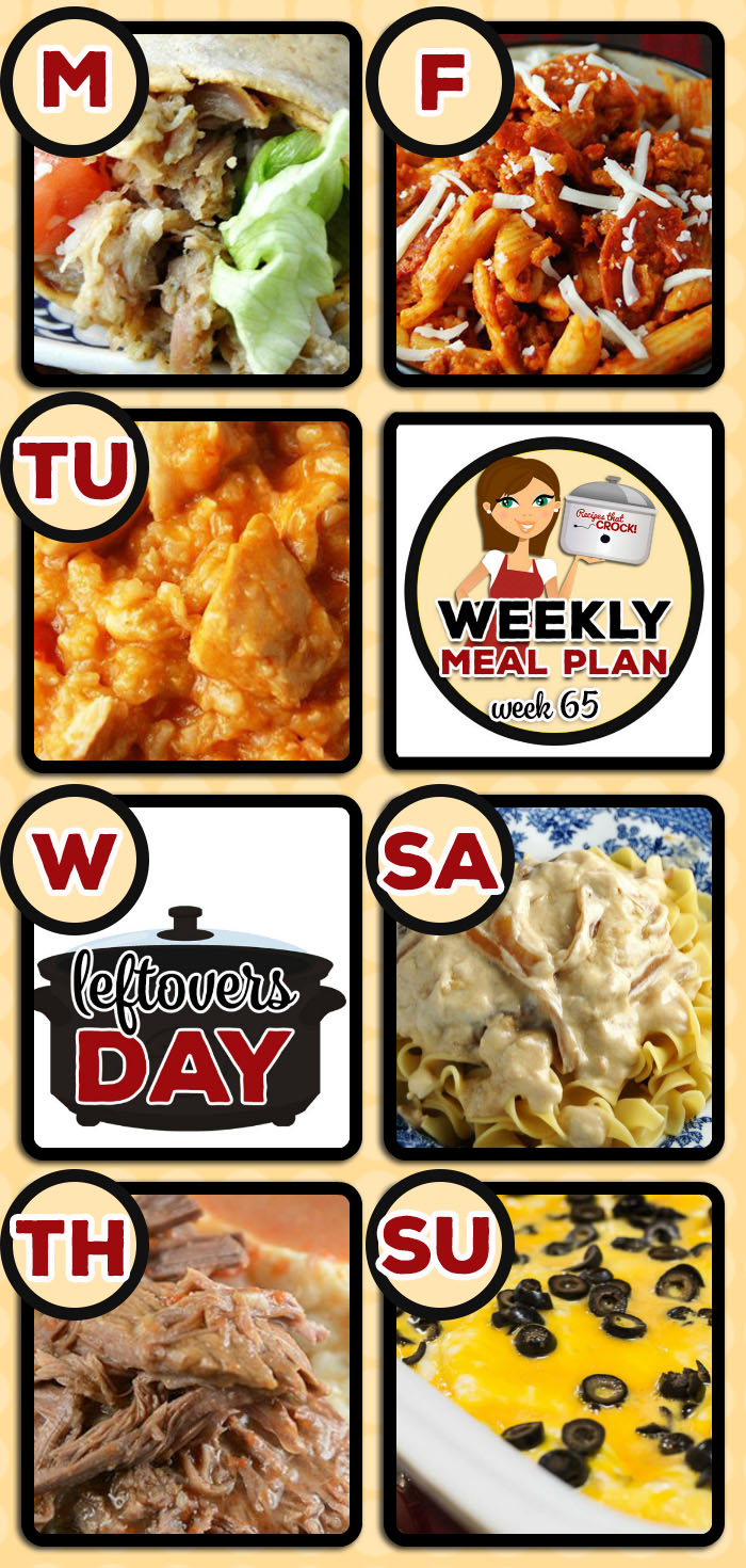 This week's weekly menu features Crock Pot Ranch Chicken Wraps, Cheesy Salsa Crock Pot Chicken Rice, Crock Pot Split Pea Soup, Slow Cooker Pepperoni Pizza Penne, Crock Pot Chicken Enchiladas, Crock Pot Steakhouse Loaded Potatoes, Crock Pot Red Gravy Pot Roast,ย Crock Pot Parmesan Broccoli Cauliflower,ย Crock Pot Pork Chop Delight,ย Creamy Crock Pot Corn,ย Slow Cooker Sausage Gravy,ย Crock Pot Marble Brownies andย Crock Pot Chili Cheese Dip.