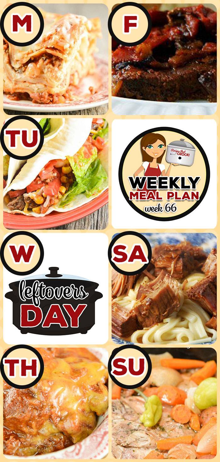This week's weekly menu features Easy Crock Pot Lasagna Recipe,ย Crock Pot Beefy Tex Mex Tacos,ย Crock Pot Refried Beans,ย Low Carb Crock Pot Pizza Soup,ย Crock Pot Sloppy Joe Casserole,ย Slow Cooker Swiss Steak,ย Creamy Crock Pot Mashed Potatoes, Crock Potย Easy Teriyaki Beef,ย Slow Cooker Mississippi Pork Roast with Vegetables,ย Crock Pot Cinnamon Roll Mixed Berry Cobbler,ย Crock Pot Breakfast Sausage Strata andย Crock Pot Buffalo Chicken Potato Skins.