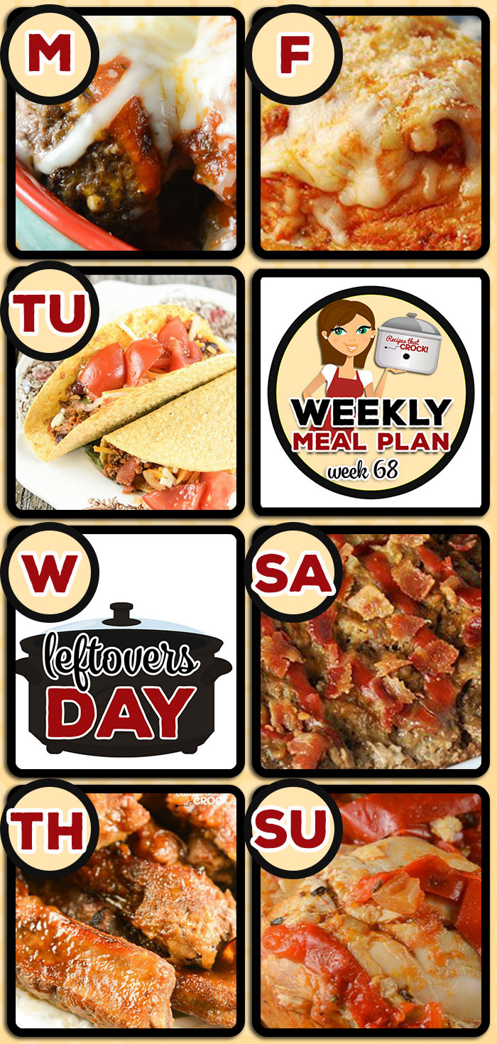 This week's weekly menu featuresย Crock Pot Meatball Parmesan {Low Carb},ย Crock Pot Beefed Up Tacos,ย Slow Cooker Stuffed Pepper Soup,ย Easy Crock Pot Ribs {Maple Whiskey},ย Crock Pot Italian Mozzarella Chicken,ย Crock Potย Bacon Ranch Meatloaf,ย Crock Pot Chicken Cacciatore,ย Crock Pot French Onion Meatballs, Crock Pot Cherry Pineapple Dump Cake and Slow Cooker Breakfast Casserole.